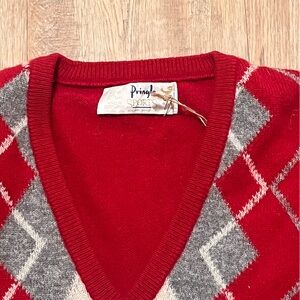 Pringle V-Neck Sweater in Red and Gray Argyle